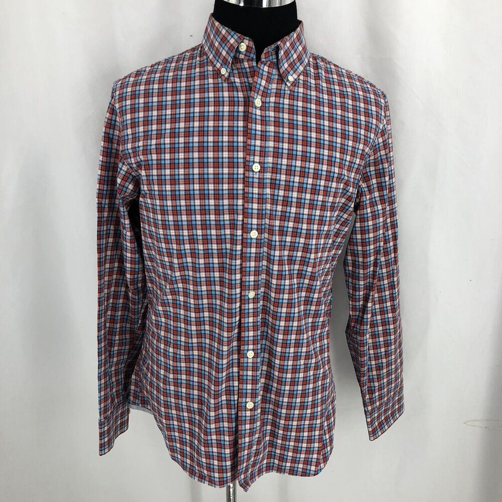 BANANA REPUBLIC Preppy Tartan Deep Carrot Plaid Button Down Medium 15-15.5